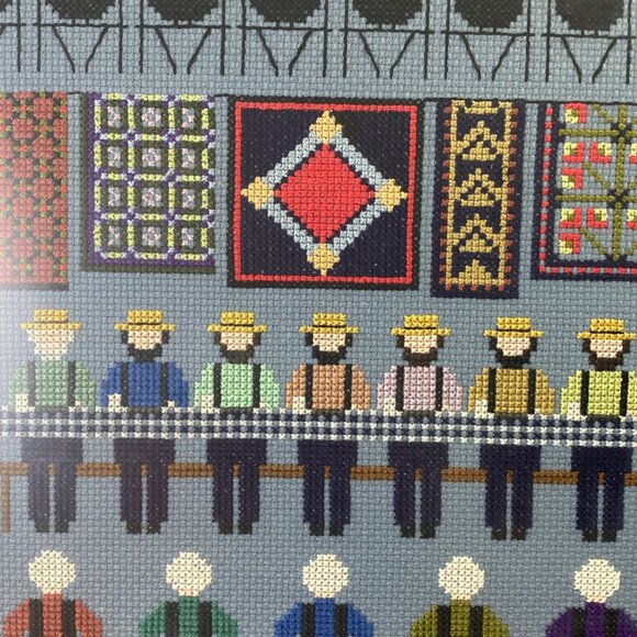 Vintage Handmade Amish Folk Barnraising Framed Cross Stitch 18.5"x14" - Picture 4 of 9